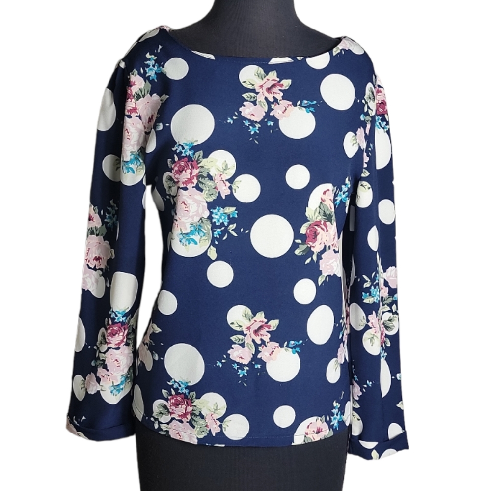 Meno Girl floral polka dot boatneck zip back long sleeve top size large